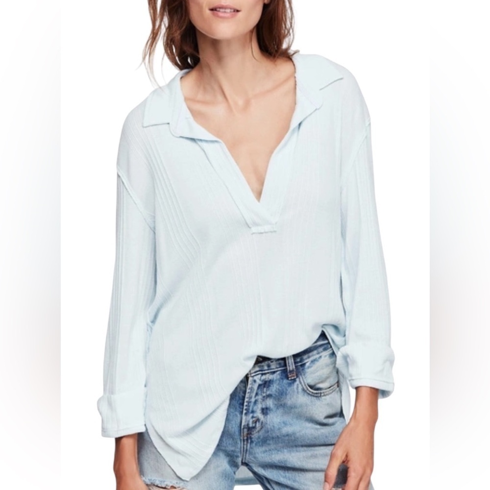 Free People Waffle Weave Oversized Annie Thermal Long Sleeve Blue Top XS